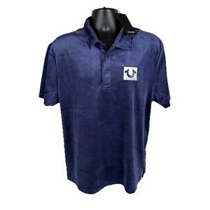 True Religion Velour Polo Shirt Men's Medium Eclipse Blue Short Sleeve New $99